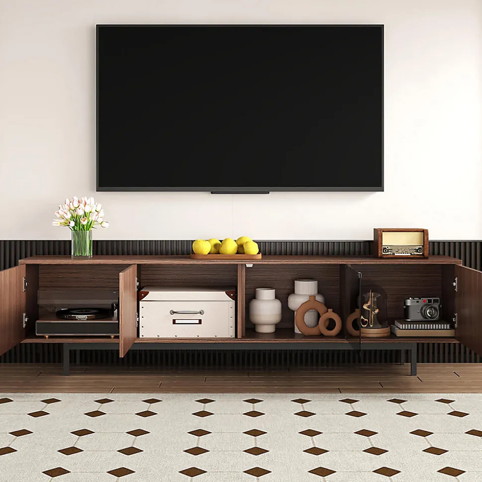 Meuble TV texture sculptée bandeau LED porte verre trempé meuble bas moderne