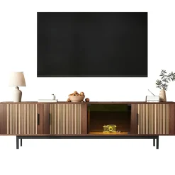Meuble TV texture sculptée bandeau LED porte verre trempé meuble bas moderne