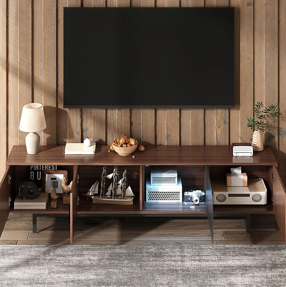 Meuble TV texture sculptée bandeau LED porte verre trempé meuble bas moderne