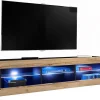 Meuble TV Tivoli RTV Komodee - LED Bleues - Bois naturel et Noir - Facades en Mat - 140 x 41 x 35 cm