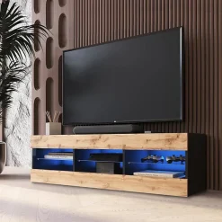Meuble TV Tivoli RTV Komodee - LED Bleues - Bois naturel et Noir - Facades en Mat - 140 x 41 x 35 cm