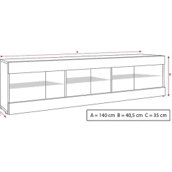 Meuble TV Tivoli RTV Komodee - LED Bleues - Bois naturel et Noir - Facades en Mat - 140 x 41 x 35 cm