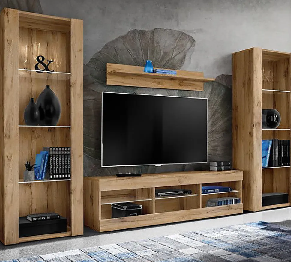 Meuble TV Tivoli Set Grande Komodee - sans LED - Bois naturel Mat et Bois naturel - 250 x 159 x 35 cm