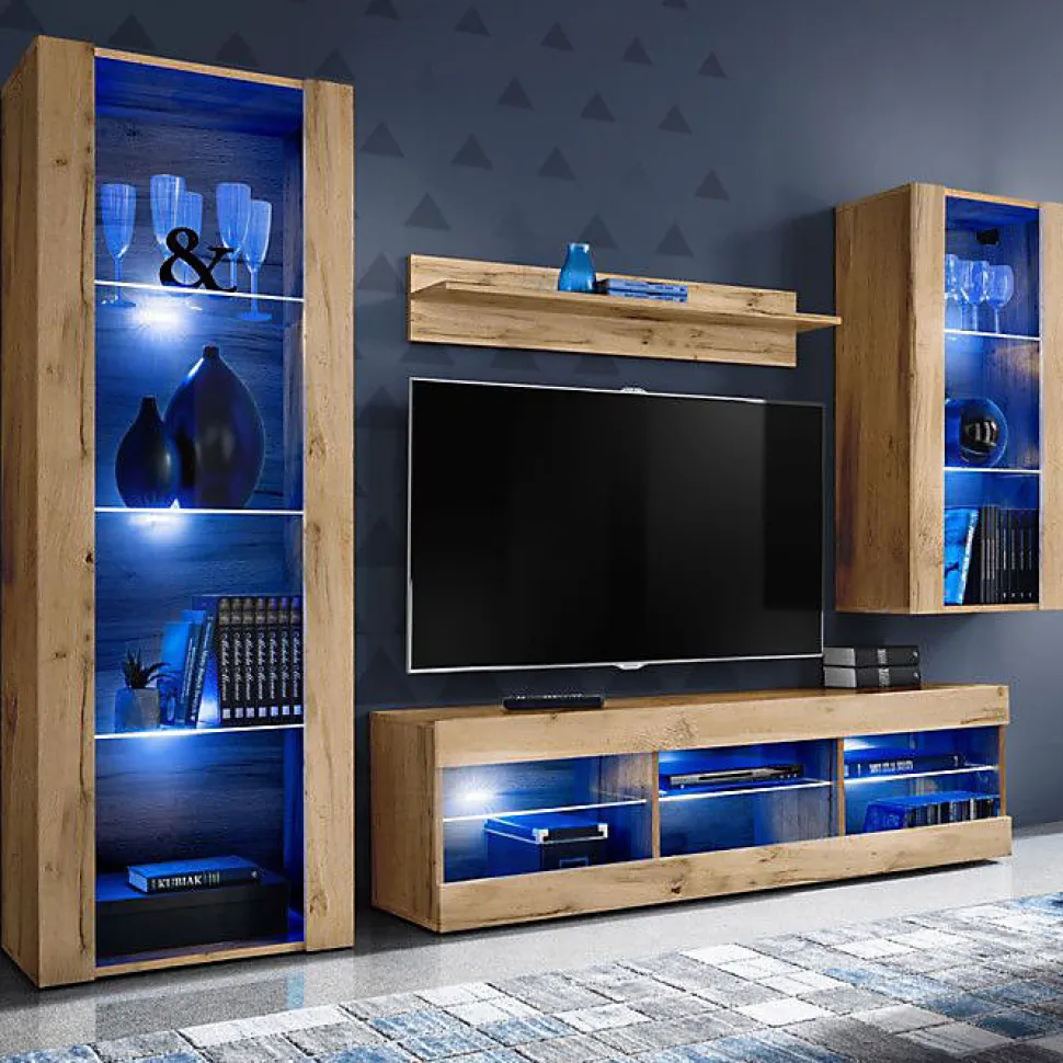 Meuble TV Tivoli Set Medio Komodee - LED bleues - Bois naturel Mat ET Bois naturel - 195x159x35 cm