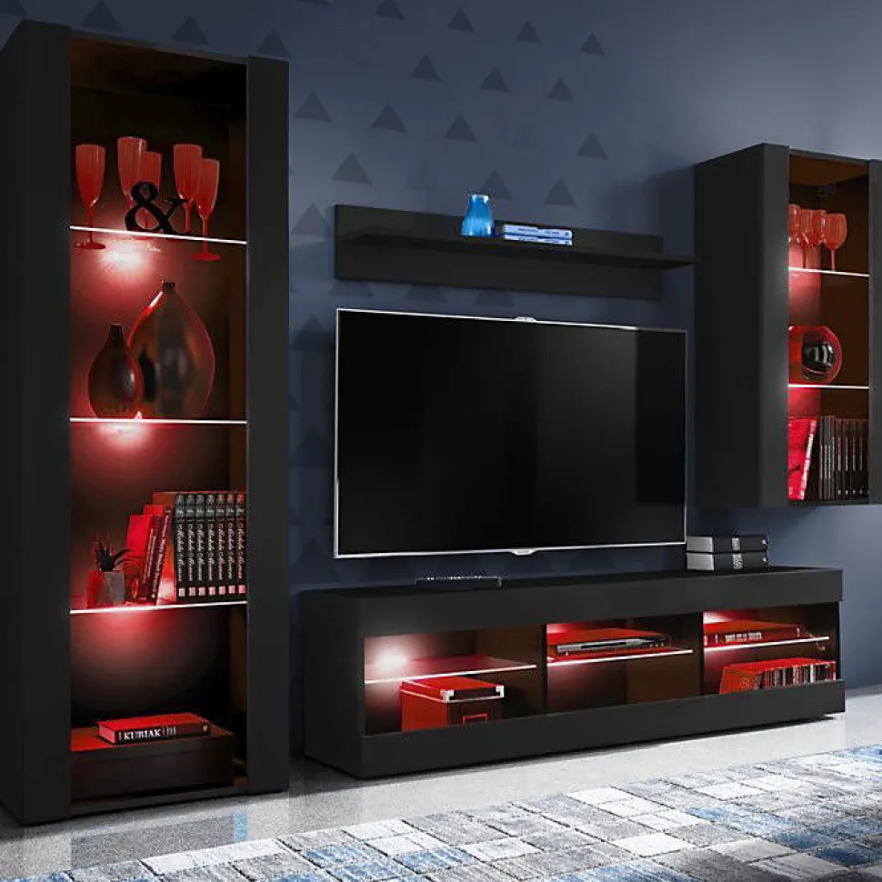 Meuble TV Tivoli Set Medio Komodee - LED RGB - Noir Mat et Noir - Facades en Mat - 195 x 159 x 35 cm