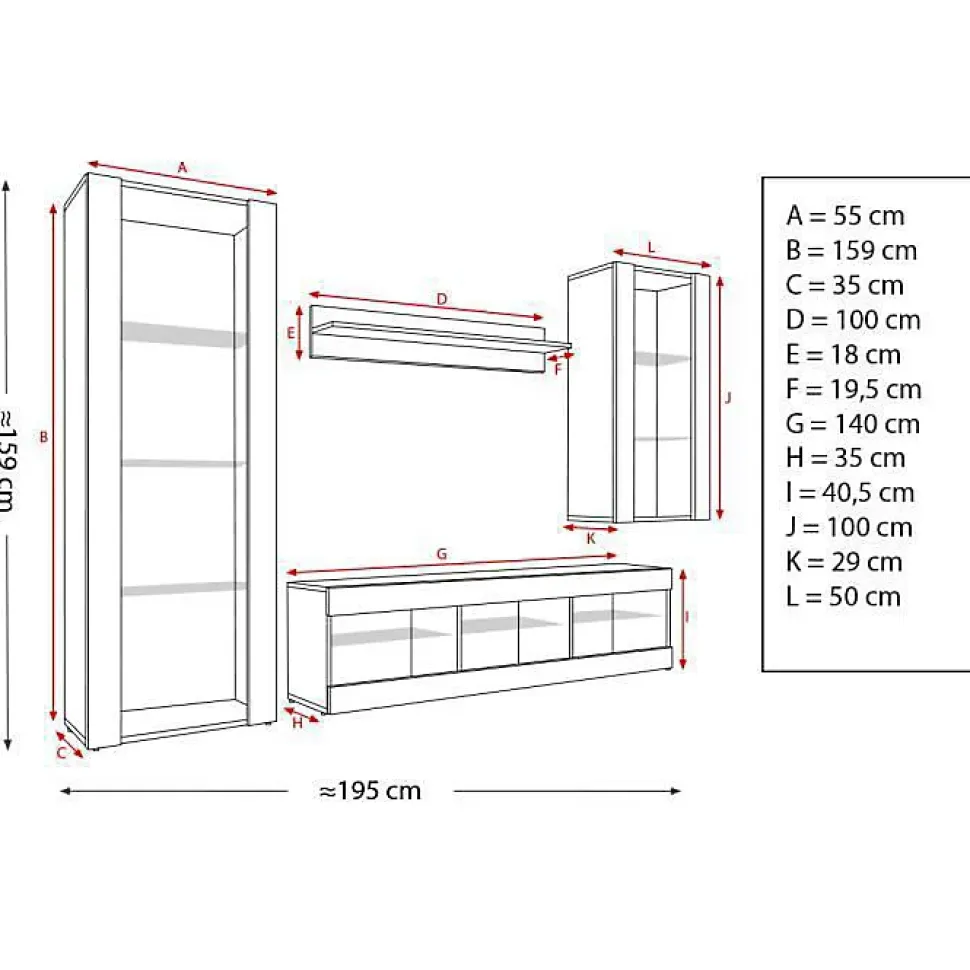 Meuble TV Tivoli Set Medio Komodee - LED RGB - Noir Mat et Noir - Facades en Mat - 195 x 159 x 35 cm