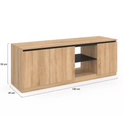 Meuble TV TOMI 3 portes bois façon hêtre et noir 140 cm