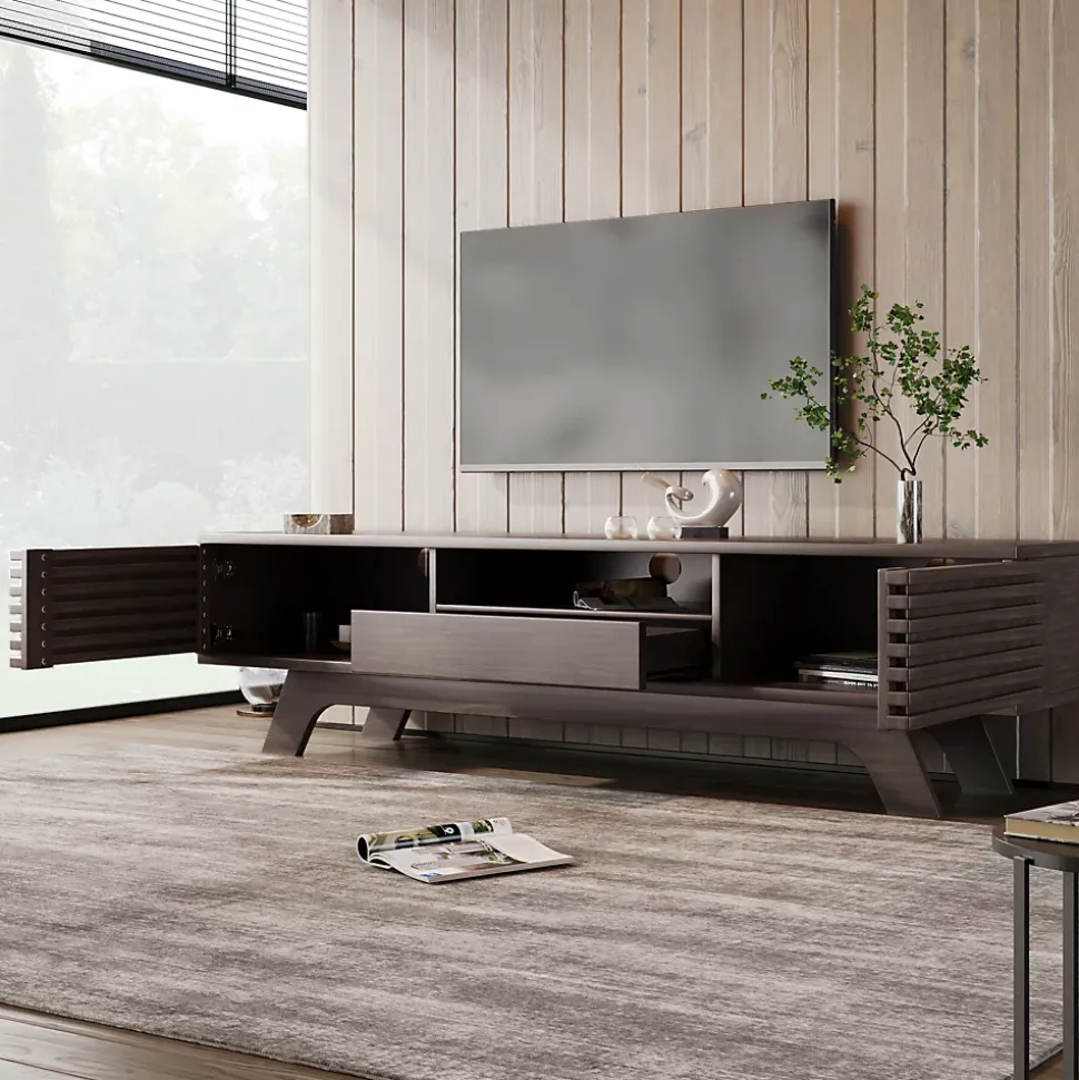 Meuble TV Vintage - Meuble Télé Bas avec 1 Tiroir et 2 Portes, Grande Capacité de Rangement en Bois, Couleur Bois 150x35x44 cm