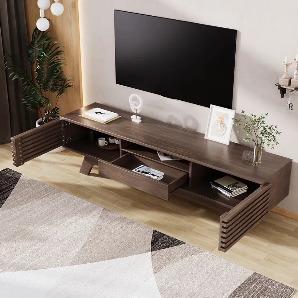 Meuble TV Vintage - Meuble Télé Bas avec 1 Tiroir et 2 Portes, Grande Capacité de Rangement en Bois, Couleur Bois 150x35x44 cm