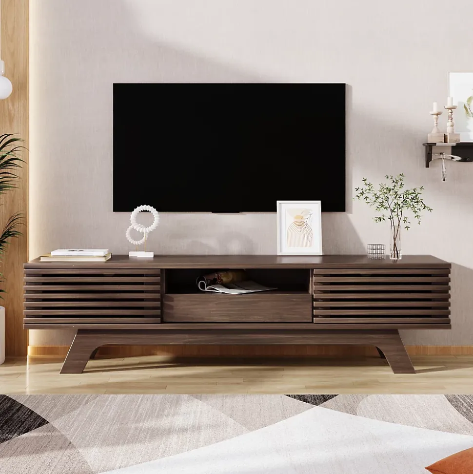 Meuble TV Vintage - Meuble Télé Bas avec 1 Tiroir et 2 Portes, Grande Capacité de Rangement en Bois, Couleur Bois 150x35x44 cm
