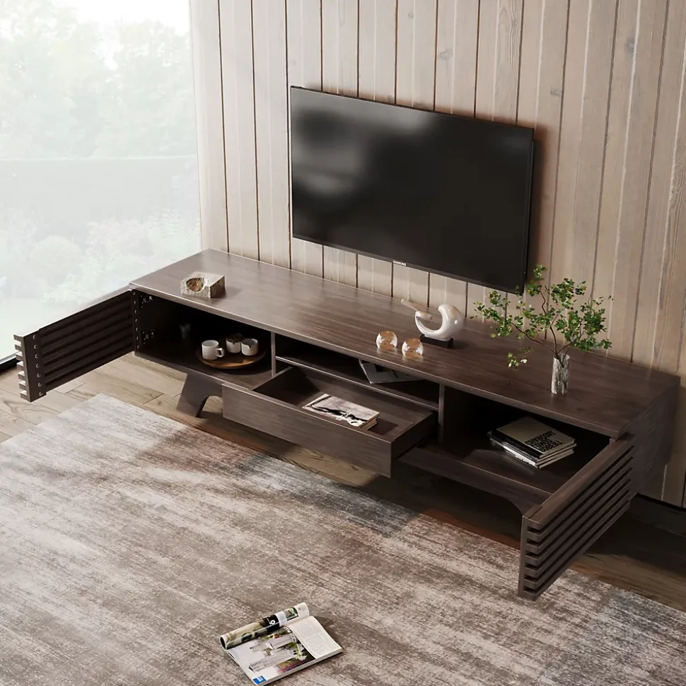 Meuble TV Vintage - Meuble Télé Bas avec 1 Tiroir et 2 Portes, Grande Capacité de Rangement en Bois, Couleur Bois 150x35x44 cm