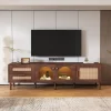 Meuble TV vintage avec LED, 2 Tiroirs, 2 Portes en Verre Cintré et 1 Porte, en Rotin - MDF - 180x40x50 cm - Brun