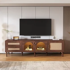 Meuble TV vintage avec LED, 2 Tiroirs, 2 Portes en Verre Cintré et 1 Porte, en Rotin - MDF - 180x40x50 cm - Brun