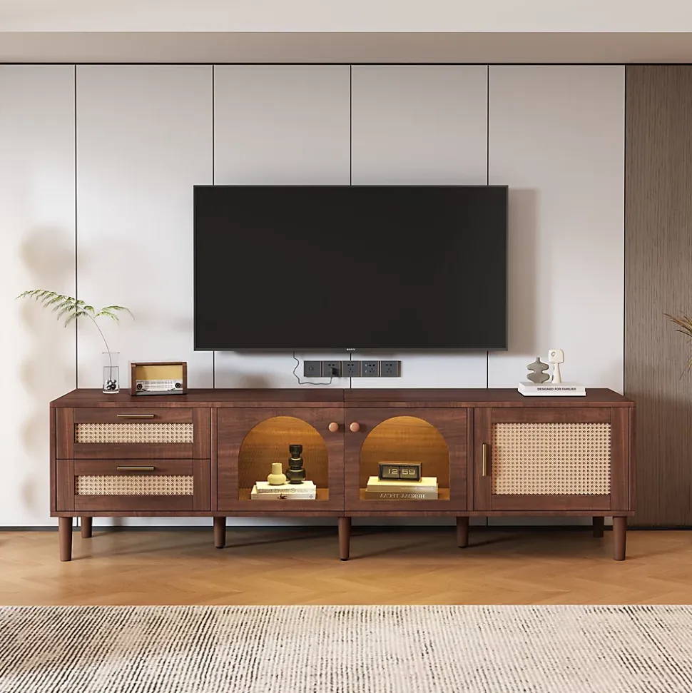 Meuble TV vintage avec LED, 2 Tiroirs, 2 Portes en Verre Cintré et 1 Porte, en Rotin - MDF - 180x40x50 cm - Brun