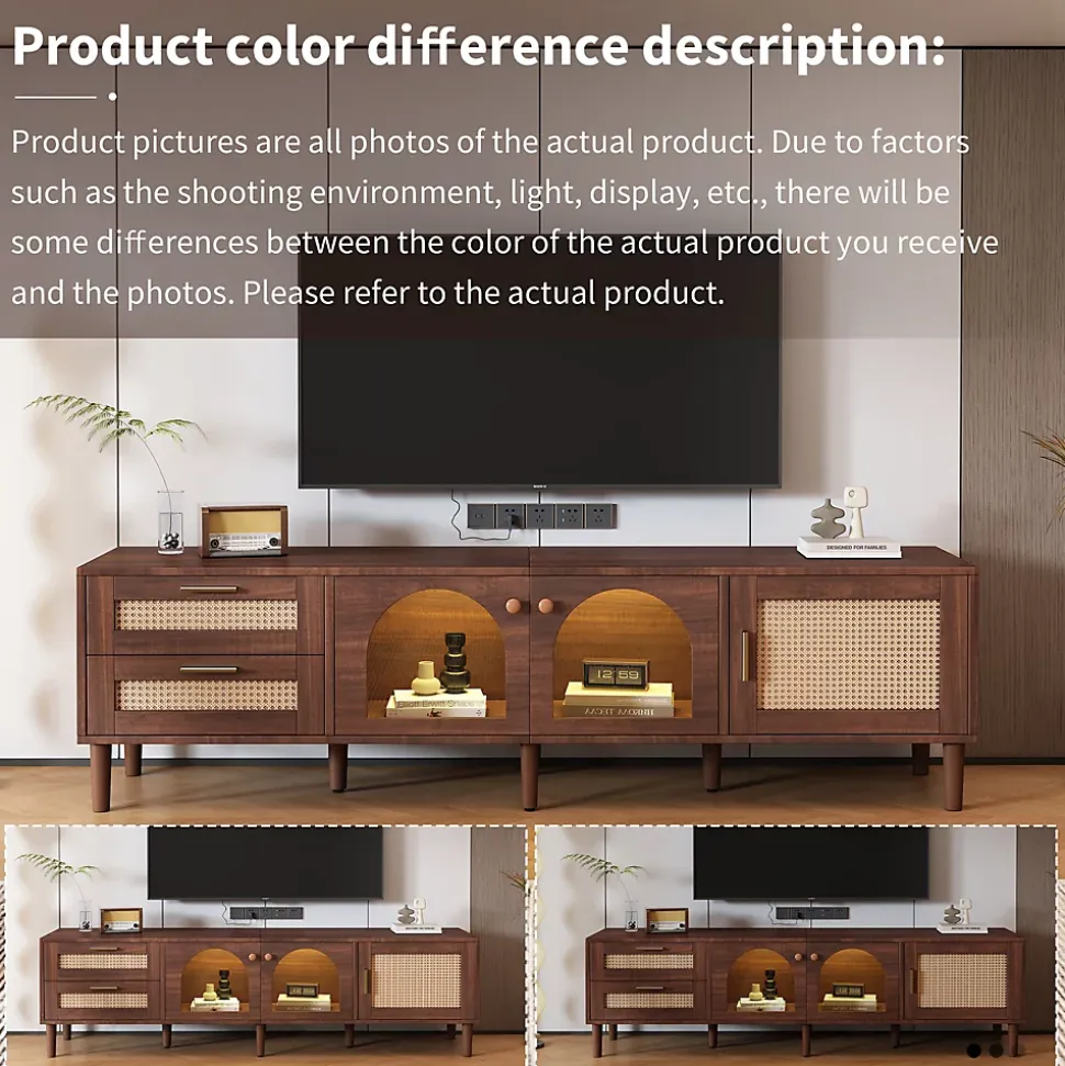 Meuble TV vintage avec LED, 2 Tiroirs, 2 Portes en Verre Cintré et 1 Porte, en Rotin - MDF - 180x40x50 cm - Brun