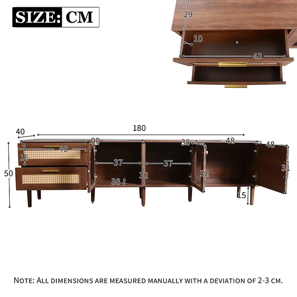 Meuble TV vintage avec LED, 2 Tiroirs, 2 Portes en Verre Cintré et 1 Porte, en Rotin - MDF - 180x40x50 cm - Brun