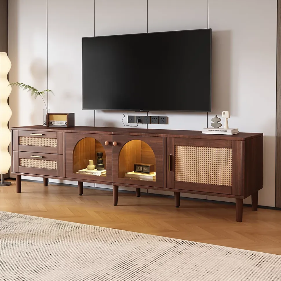 Meuble TV vintage avec LED, 2 Tiroirs, 2 Portes en Verre Cintré et 1 Porte, en Rotin - MDF - 180x40x50 cm - Brun