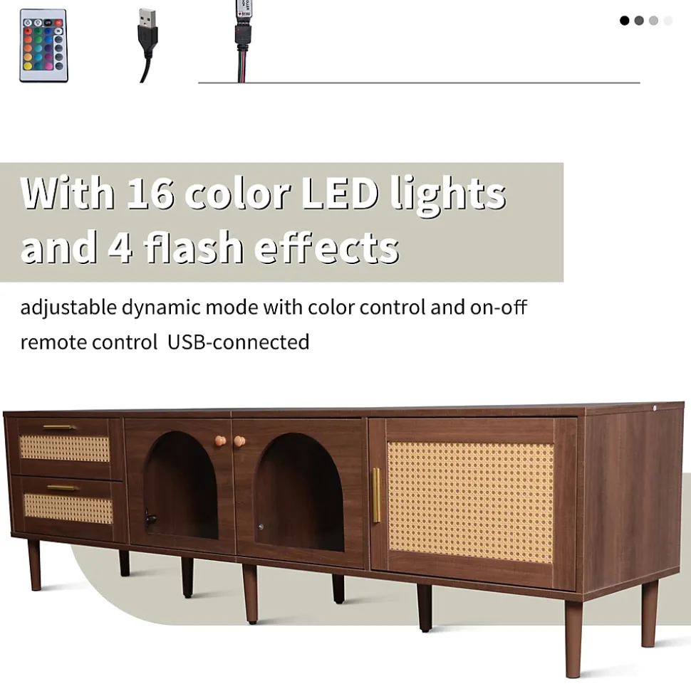 Meuble TV vintage avec LED, 2 Tiroirs, 2 Portes en Verre Cintré et 1 Porte, en Rotin - MDF - 180x40x50 cm - Brun