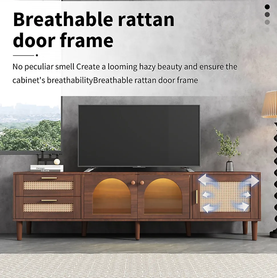 Meuble TV vintage avec LED, 2 Tiroirs, 2 Portes en Verre Cintré et 1 Porte, en Rotin - MDF - 180x40x50 cm - Brun
