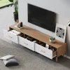 Meuble TV Vintage avec Portes - design Rétro Style Scandinave pour Salon - Bois Texturé Blanc et Bois Clair - 150x39x35 cm
