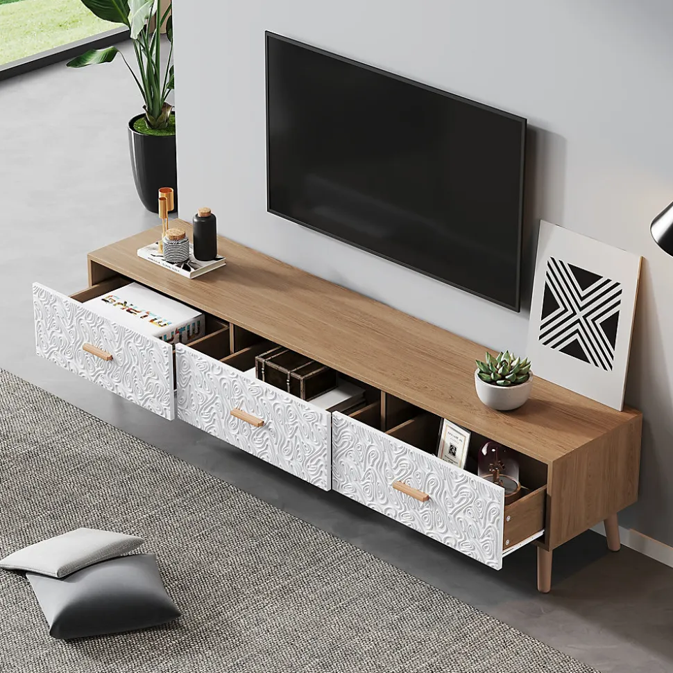 Meuble TV Vintage avec Portes - design Rétro Style Scandinave pour Salon - Bois Texturé Blanc et Bois Clair - 150x39x35 cm