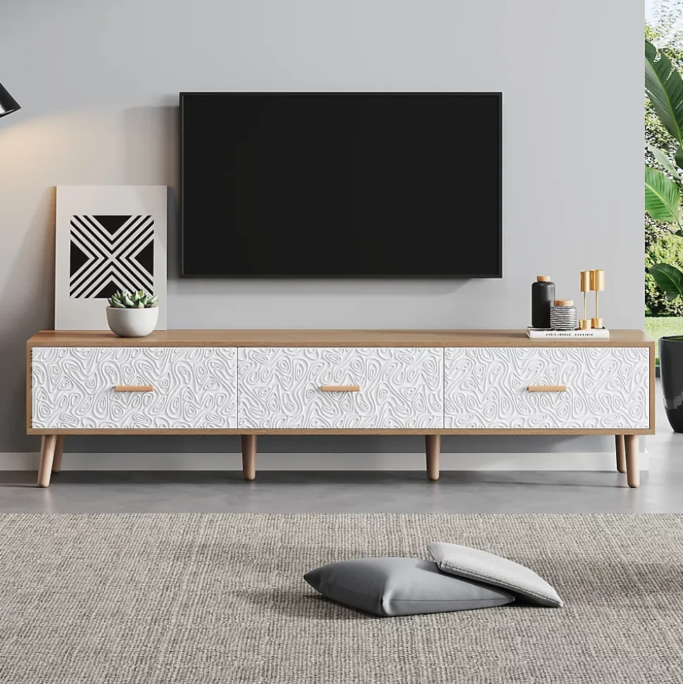 Meuble TV Vintage avec Portes - design Rétro Style Scandinave pour Salon - Bois Texturé Blanc et Bois Clair - 150x39x35 cm