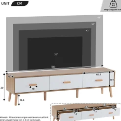 Meuble TV Vintage avec Portes - design Rétro Style Scandinave pour Salon - Bois Texturé Blanc et Bois Clair - 150x39x35 cm