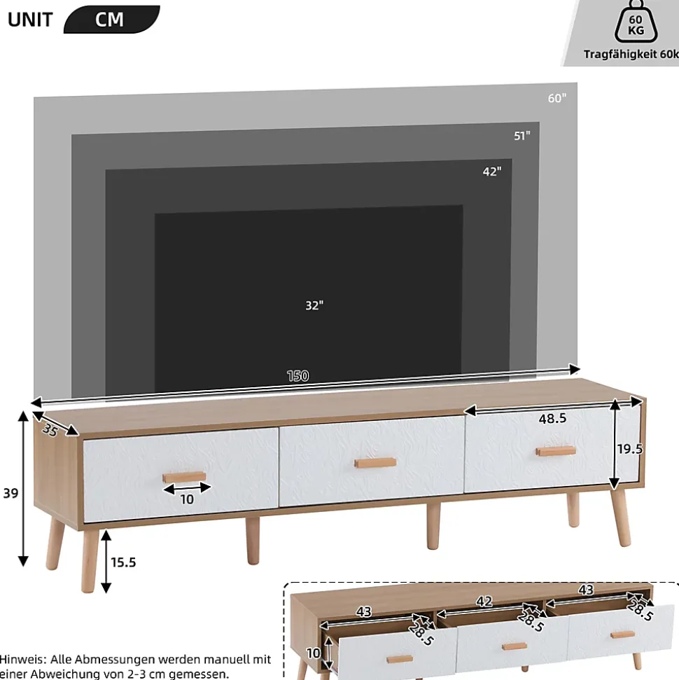 Meuble TV Vintage avec Portes - design Rétro Style Scandinave pour Salon - Bois Texturé Blanc et Bois Clair - 150x39x35 cm