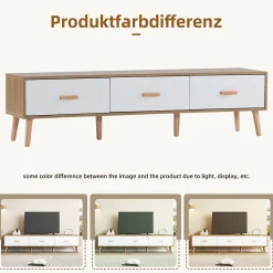 Meuble TV Vintage avec Portes - design Rétro Style Scandinave pour Salon - Bois Texturé Blanc et Bois Clair - 150x39x35 cm