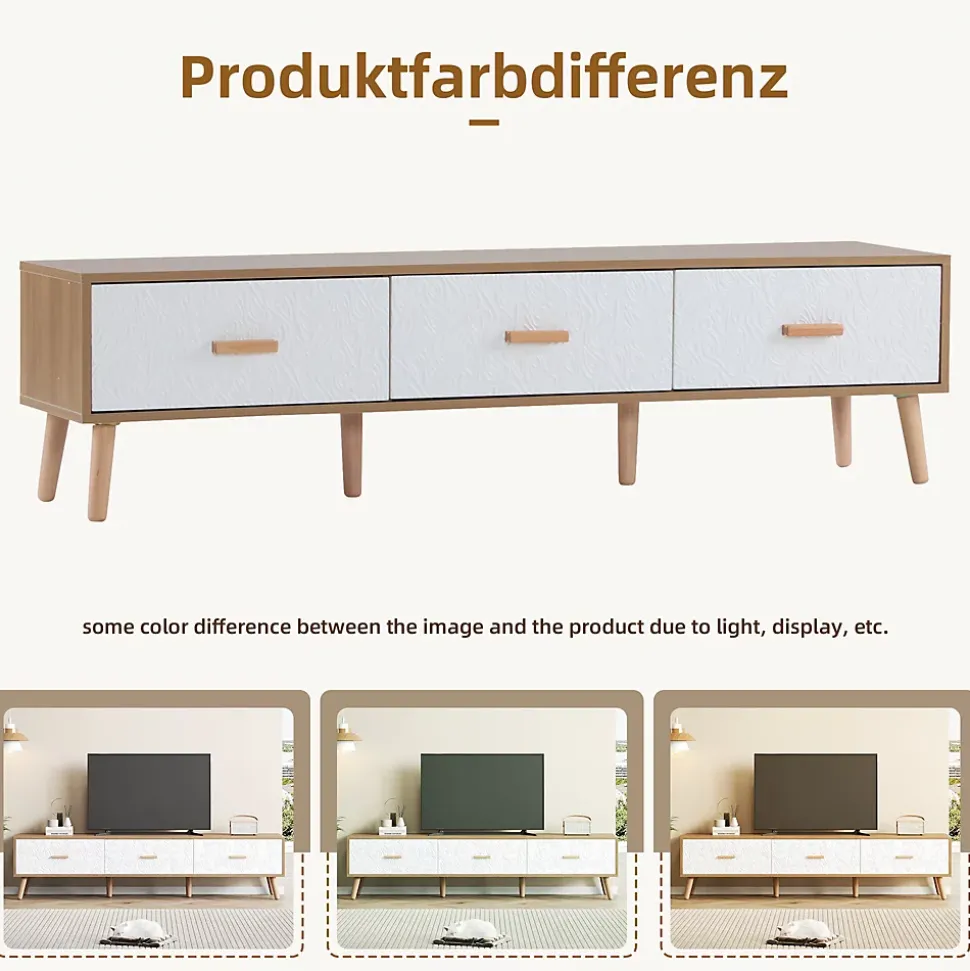Meuble TV Vintage avec Portes - design Rétro Style Scandinave pour Salon - Bois Texturé Blanc et Bois Clair - 150x39x35 cm