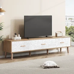 Meuble TV Vintage avec Portes - design Rétro Style Scandinave pour Salon - Bois Texturé Blanc et Bois Clair - 150x39x35 cm