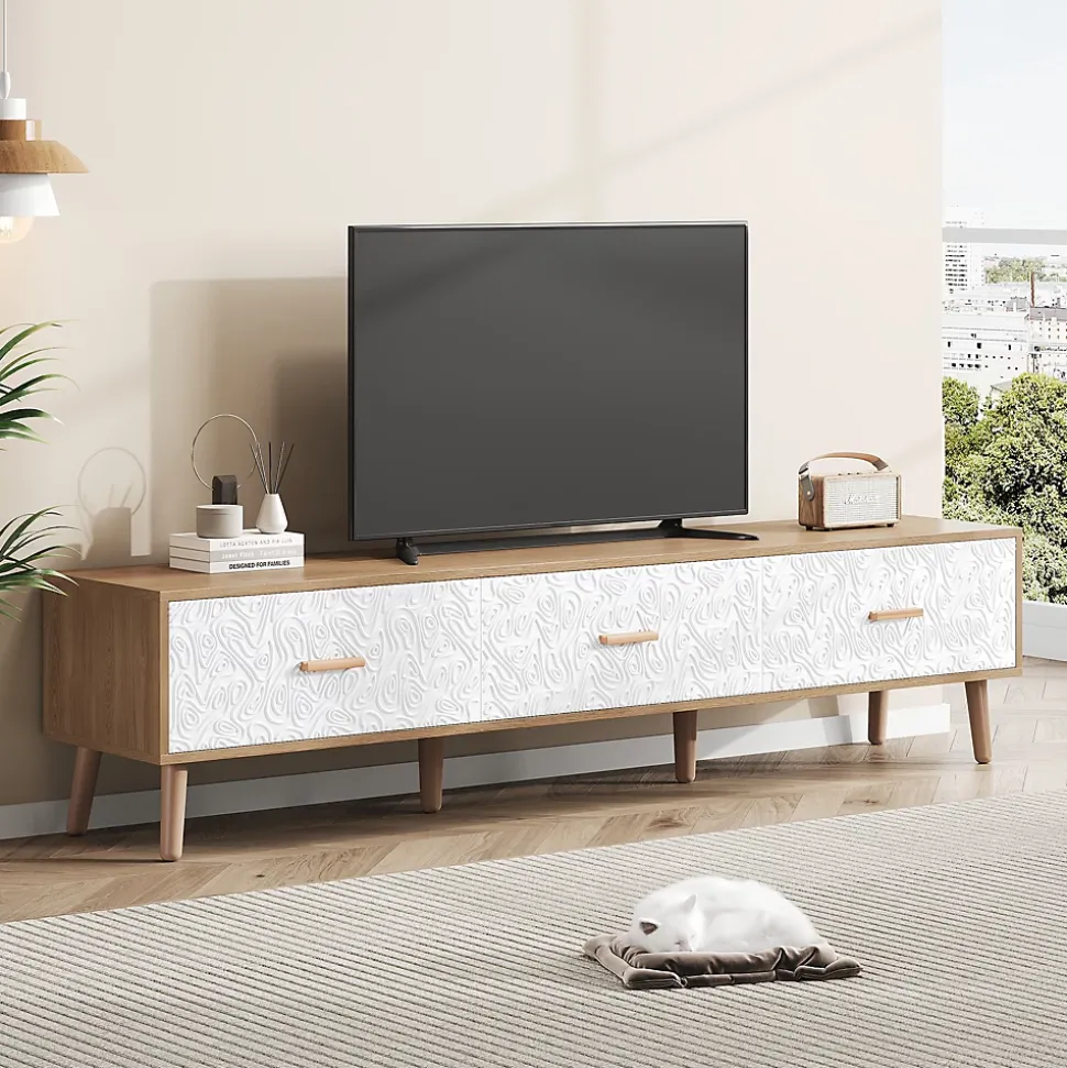 Meuble TV Vintage avec Portes - design Rétro Style Scandinave pour Salon - Bois Texturé Blanc et Bois Clair - 150x39x35 cm