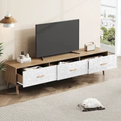 Meuble TV Vintage avec Portes - design Rétro Style Scandinave pour Salon - Bois Texturé Blanc et Bois Clair - 150x39x35 cm