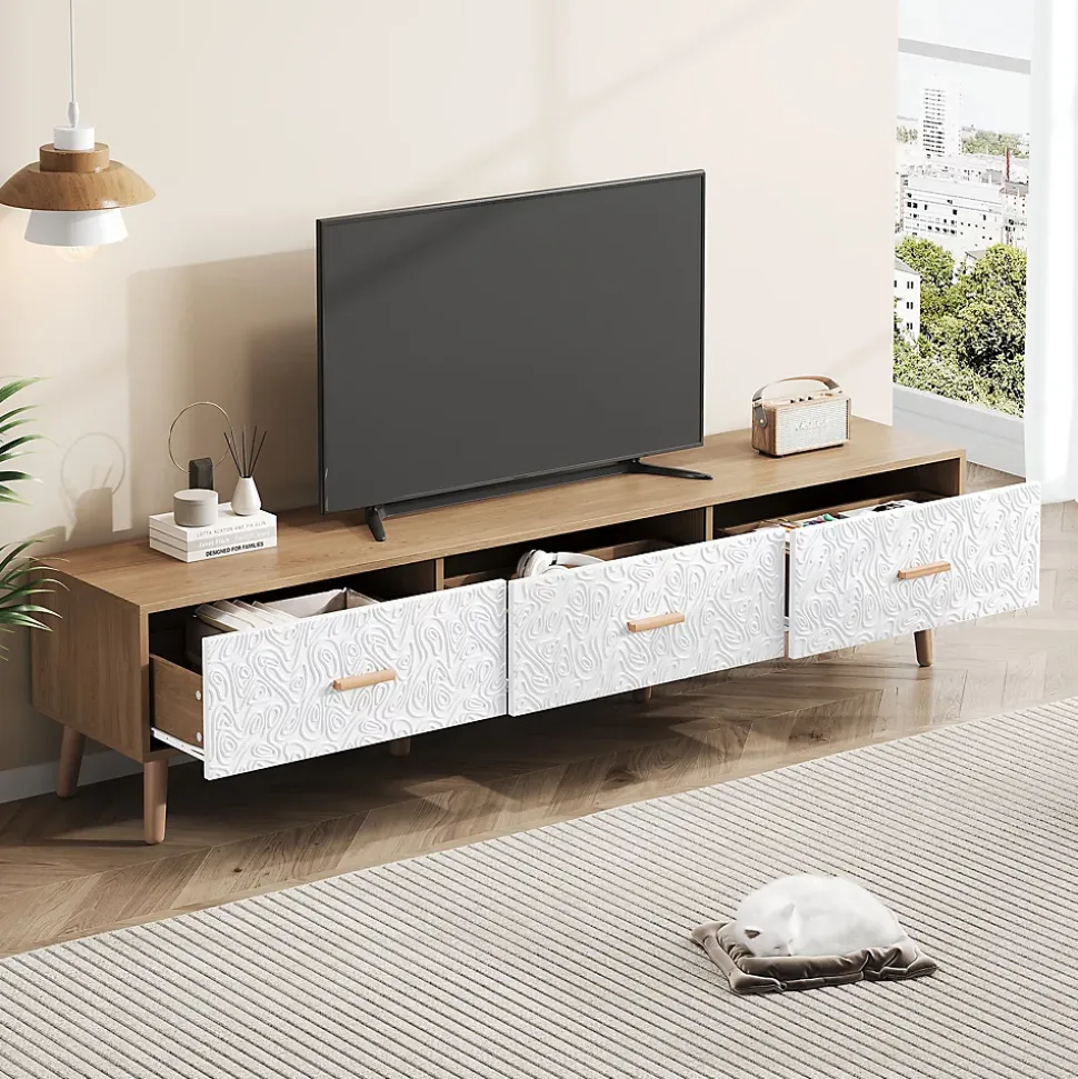 Meuble TV Vintage avec Portes - design Rétro Style Scandinave pour Salon - Bois Texturé Blanc et Bois Clair - 150x39x35 cm