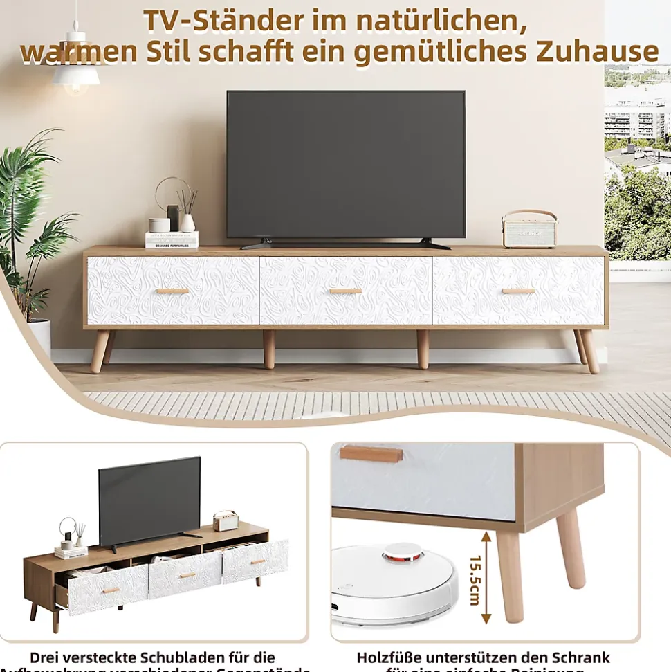 Meuble TV Vintage avec Portes - design Rétro Style Scandinave pour Salon - Bois Texturé Blanc et Bois Clair - 150x39x35 cm