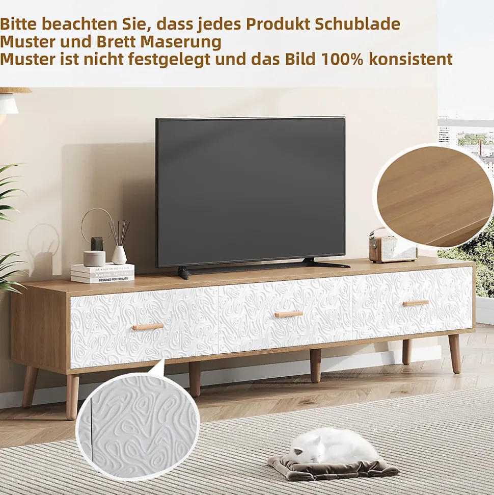 Meuble TV Vintage avec Portes - design Rétro Style Scandinave pour Salon - Bois Texturé Blanc et Bois Clair - 150x39x35 cm