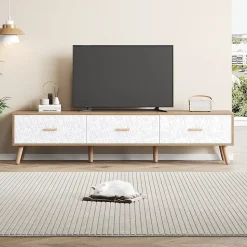 Meuble TV Vintage avec Portes - design Rétro Style Scandinave pour Salon - Bois Texturé Blanc et Bois Clair - 150x39x35 cm