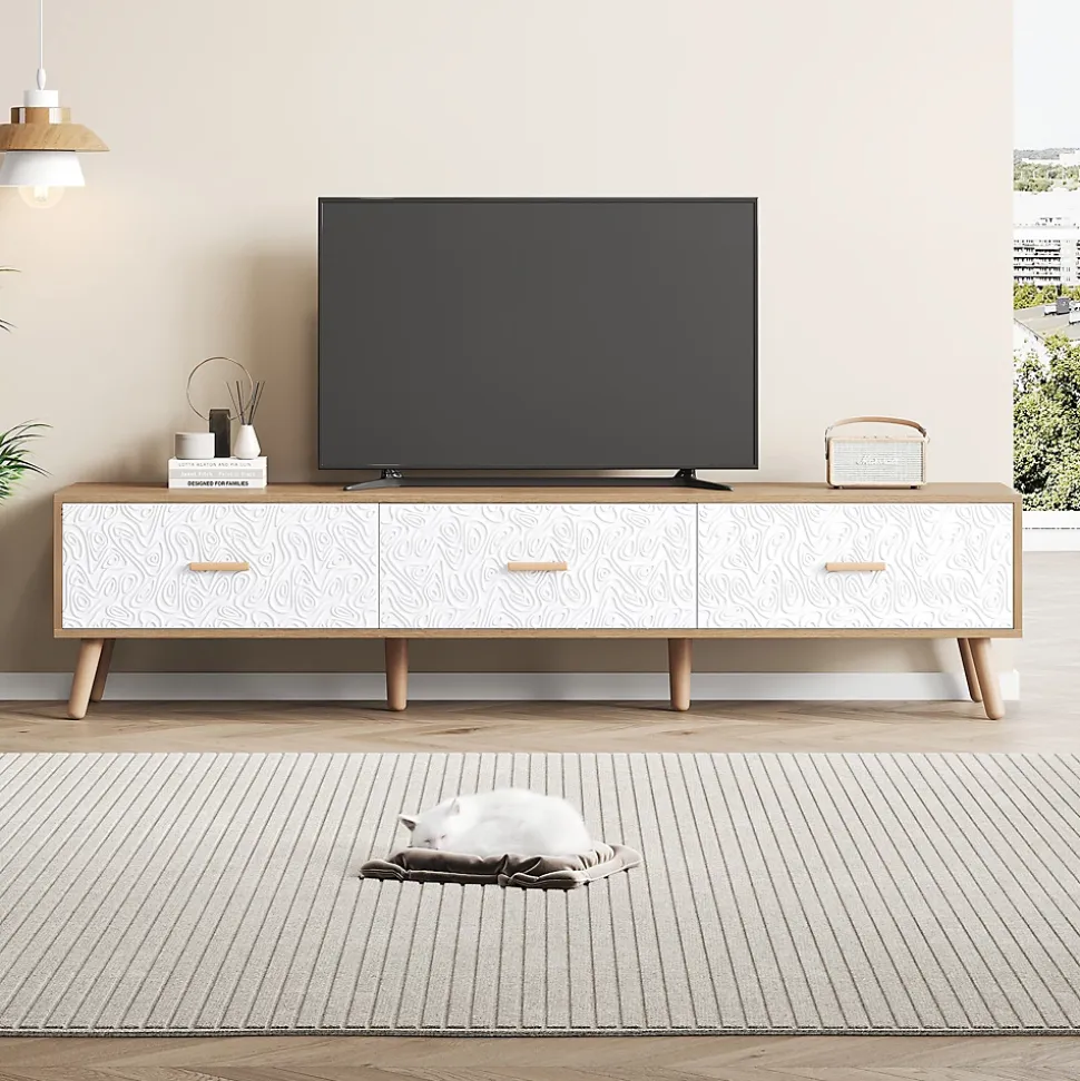 Meuble TV Vintage avec Portes - design Rétro Style Scandinave pour Salon - Bois Texturé Blanc et Bois Clair - 150x39x35 cm