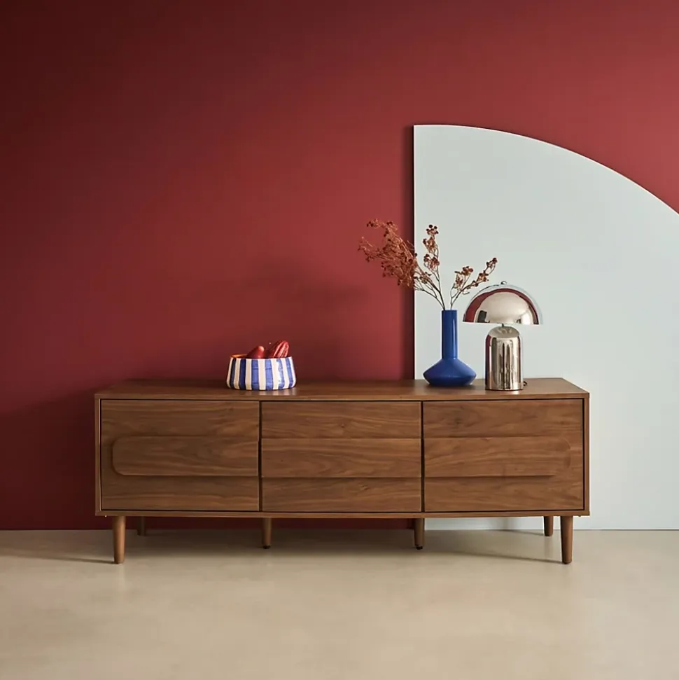 Meuble TV vintage décor bois de noyer 3 portes 150cm - Juliana