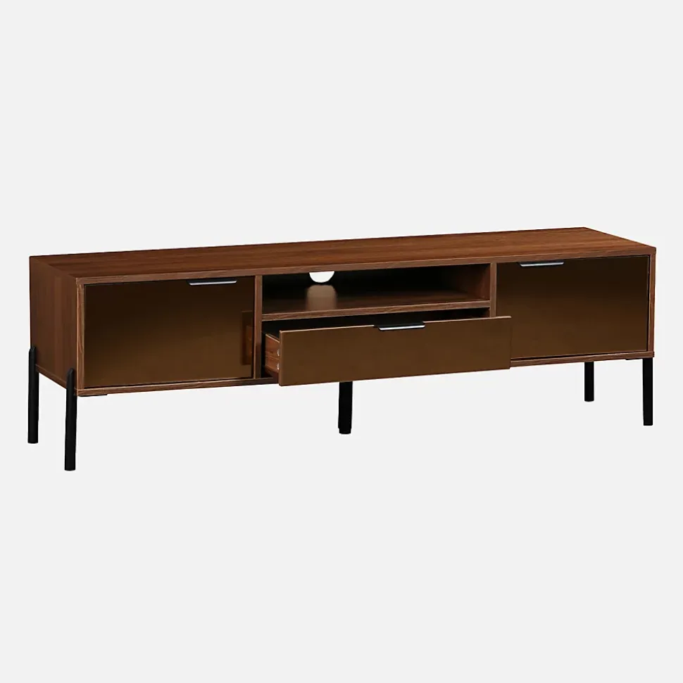 Meuble TV vintage décor bois de noyer. finition vitre fumée. pieds et poignées en métal. L 151.5 x 38 x 44.7cm