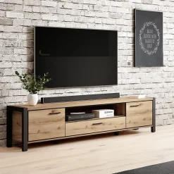 Meuble TV XL 210cm collection TIVORA. Couleur chene et noir. 2 portes et 1 tiroir.