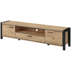 Meuble TV XL 210cm collection TIVORA. Couleur chene et noir. 2 portes et 1 tiroir.