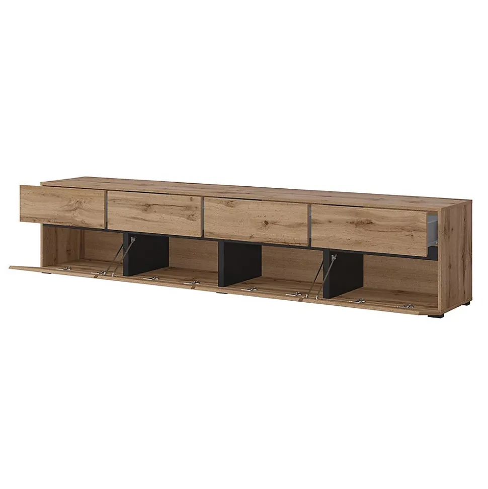 Meuble TV XL coloris chene et noir 225cm collection HAVANA. Meuble design avec 4 portes et 4 tiroirs.