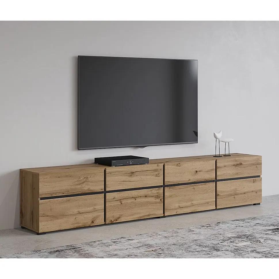 Meuble TV XL coloris chene et noir 225cm collection HAVANA. Meuble design avec 4 portes et 4 tiroirs.