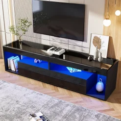 Meuble TV 180x40x46 cm avec LED 16 couleurs et 2 tiroirs, finition laquée noire, plateau verre trempé