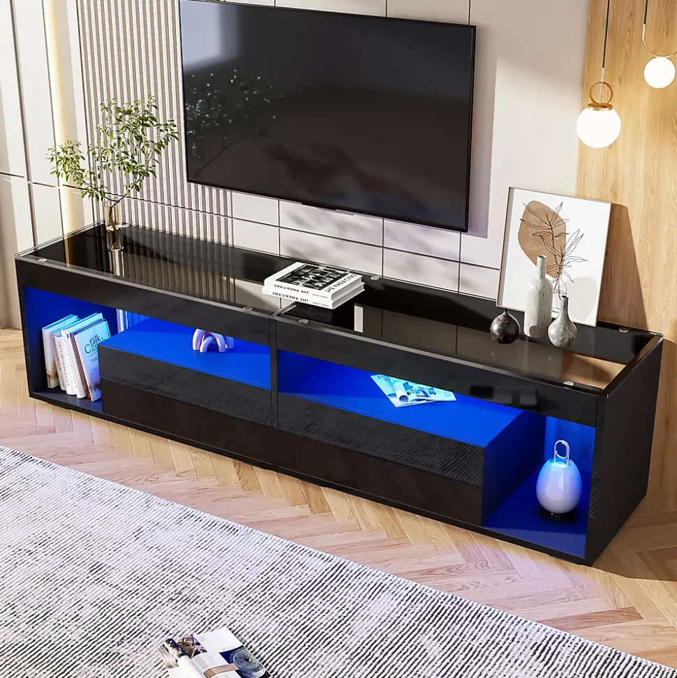Meuble TV 180x40x46 cm avec LED 16 couleurs et 2 tiroirs, finition laquée noire, plateau verre trempé