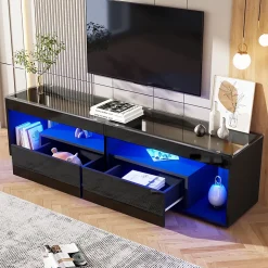 Meuble TV 180x40x46 cm avec LED 16 couleurs et 2 tiroirs, finition laquée noire, plateau verre trempé