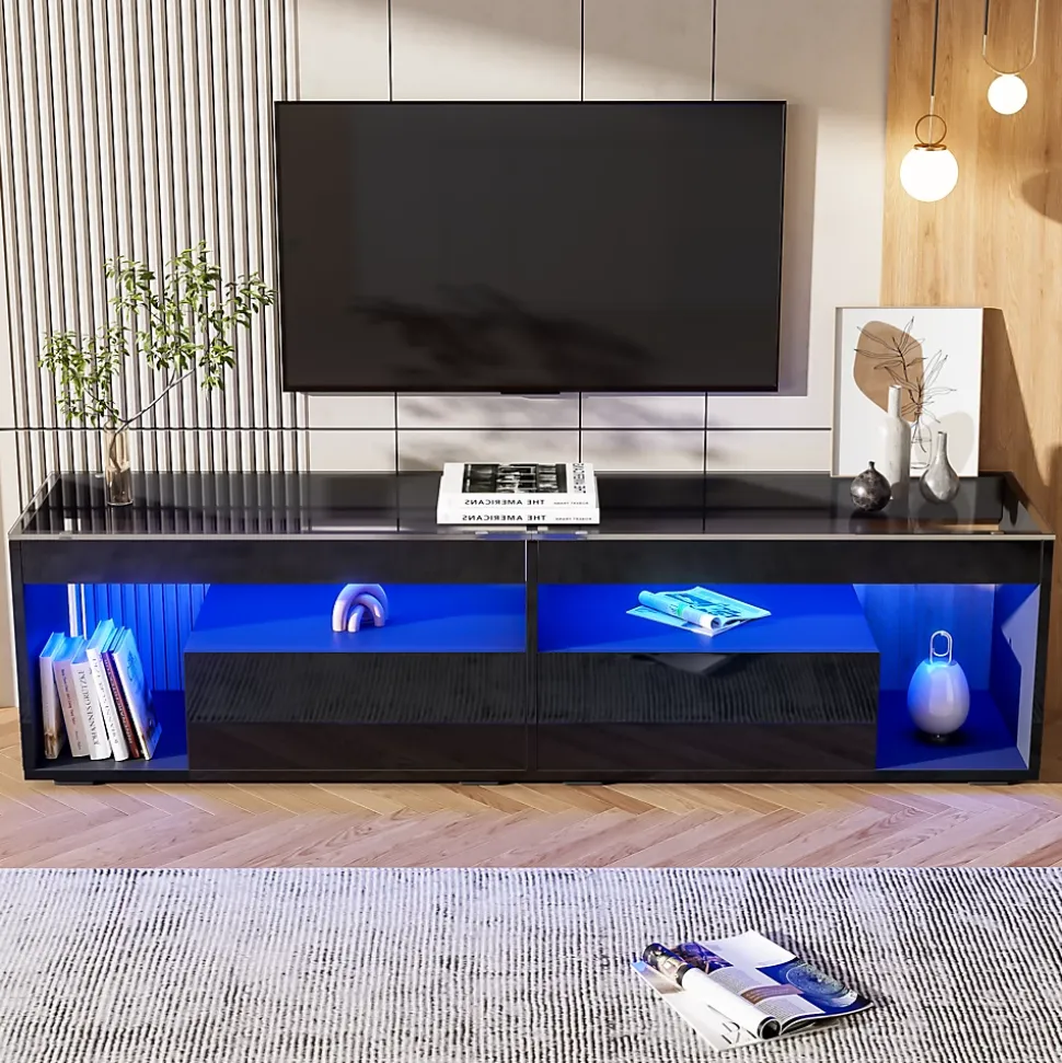 Meuble TV 180x40x46 cm avec LED 16 couleurs et 2 tiroirs, finition laquée noire, plateau verre trempé