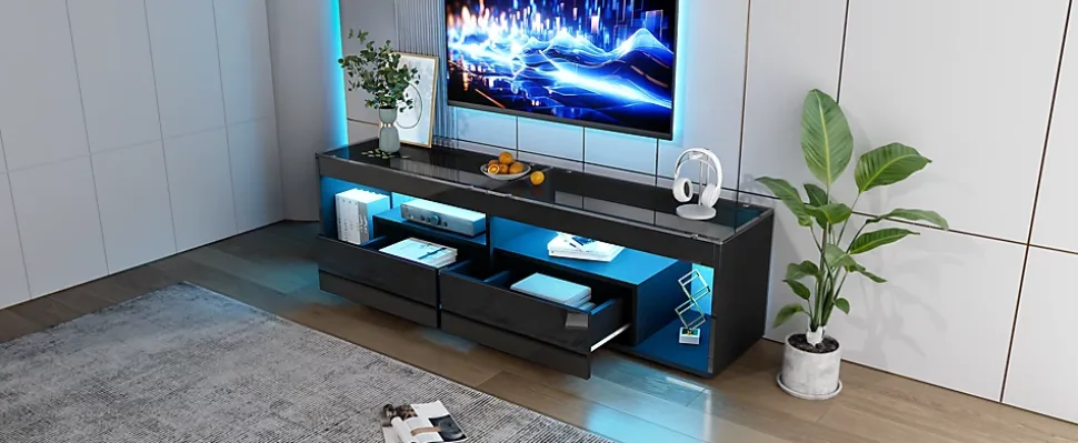 Meuble TV 180x40x46 cm avec LED 16 couleurs et 2 tiroirs, finition laquée noire, plateau verre trempé