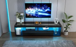 Meuble TV 180x40x46 cm avec LED 16 couleurs et 2 tiroirs, finition laquée noire, plateau verre trempé